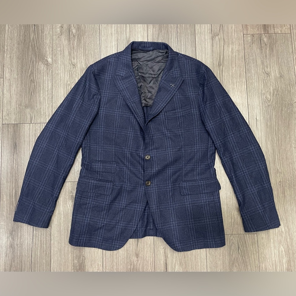 Eleventy Zegna Plaid‎ Sport Coat Jacket Mens 44 Blue Wool Blend Two Button
